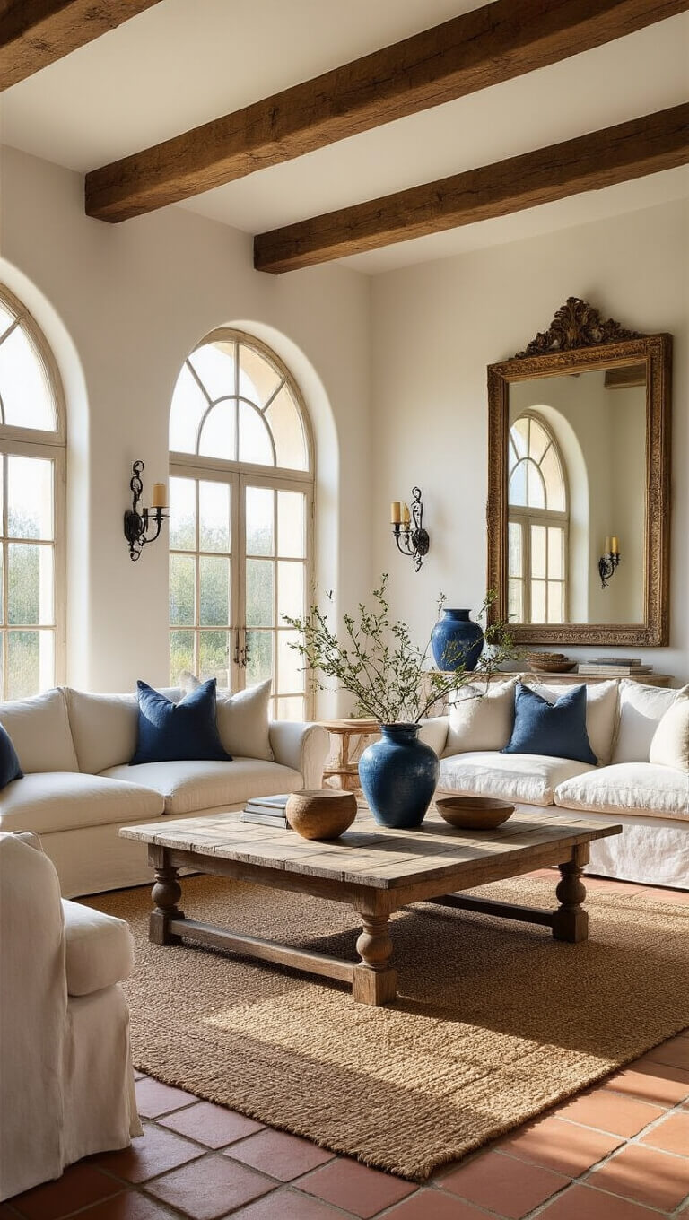 Sunlit living room with exposed beams, arched windows, linen sofas around a distressed wood coffee table, terracotta tiles, white walls, and warm decorative accents.