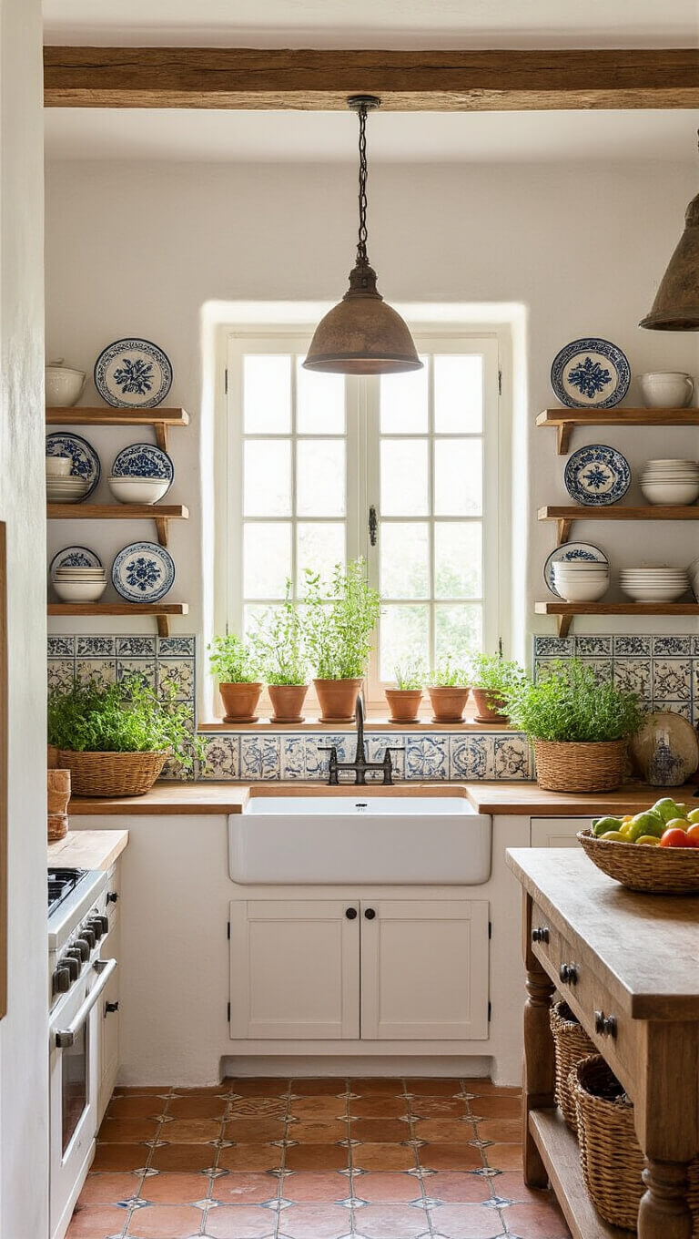 Cozy Mediterranean kitchen with white plaster walls, terracotta tile backsplash, wooden shelving and island, farmhouse sink under herb-filled window, and morning light highlighting textures.