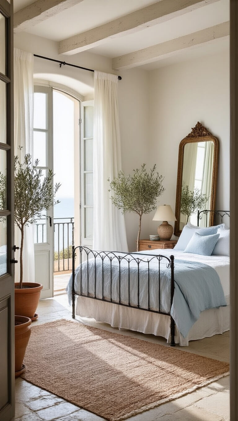 Airy coastal bedroom with high ceilings, French doors, wrought iron bed, sheer curtains, and muted decor tones.