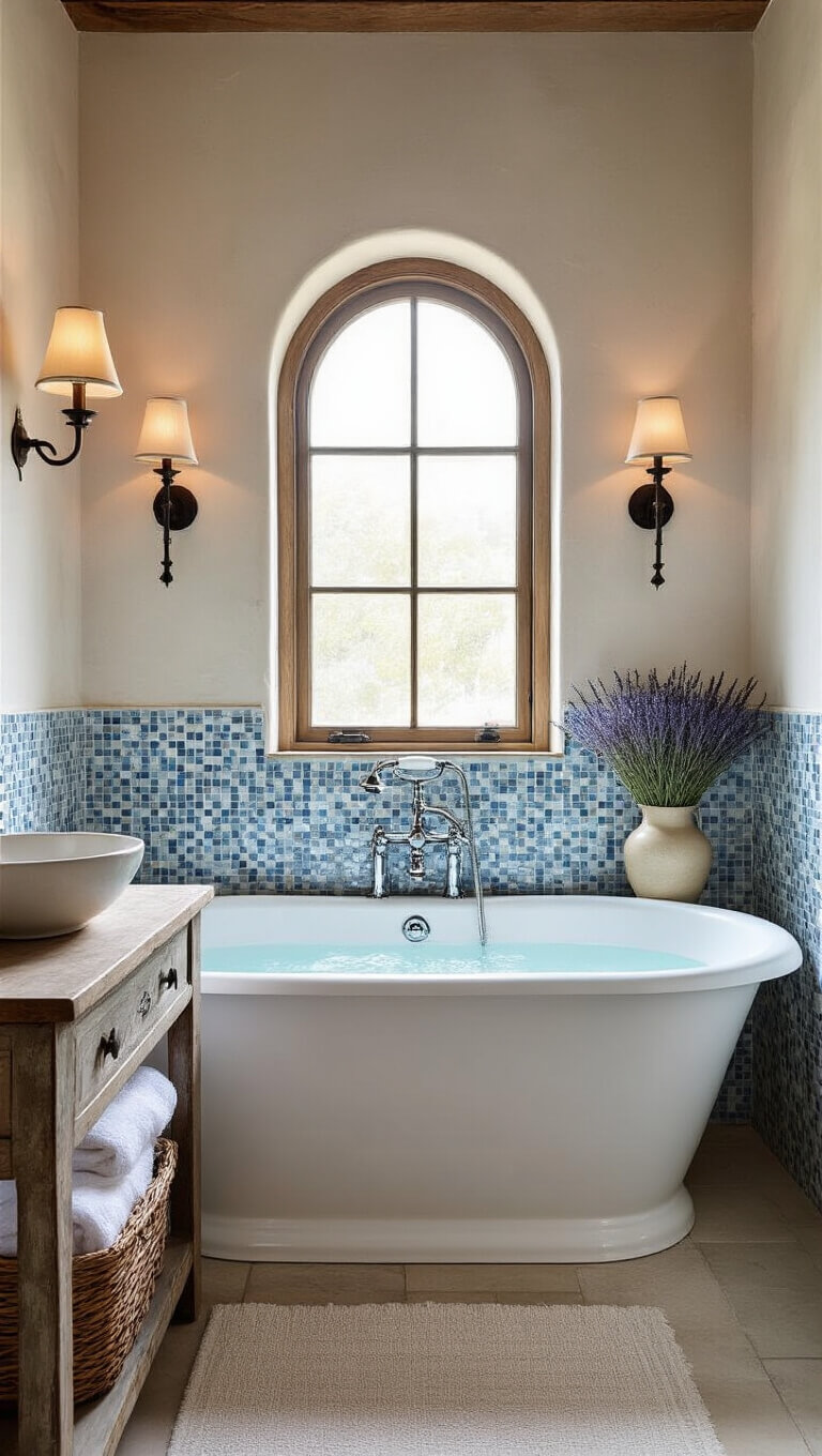 Close-up of a serene bathroom featuring a clawfoot tub in front of a blue and white mosaic tile wall, with soft evening light, chrome fixtures, and dried lavender in a ceramic vase.