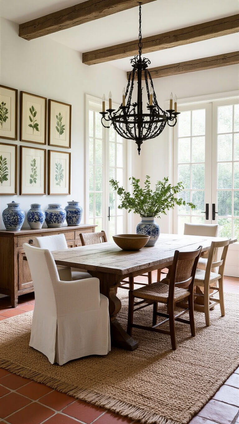 Sunlit dining room with rustic wooden table, mismatched cream chairs, wrought iron chandelier, botanical wall art, blue and white pottery on sideboard, terracotta floor tiles, and jute rug.