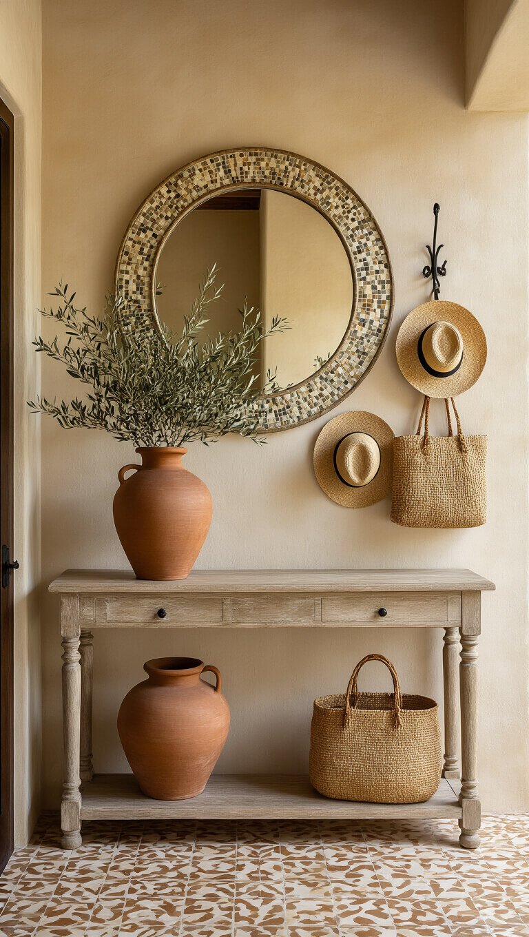 Warm, inviting entryway with golden light, distressed console table, mosaic mirror, terracotta vase with olive branches, straw hats on wrought iron hooks, and patterned tile floor.
