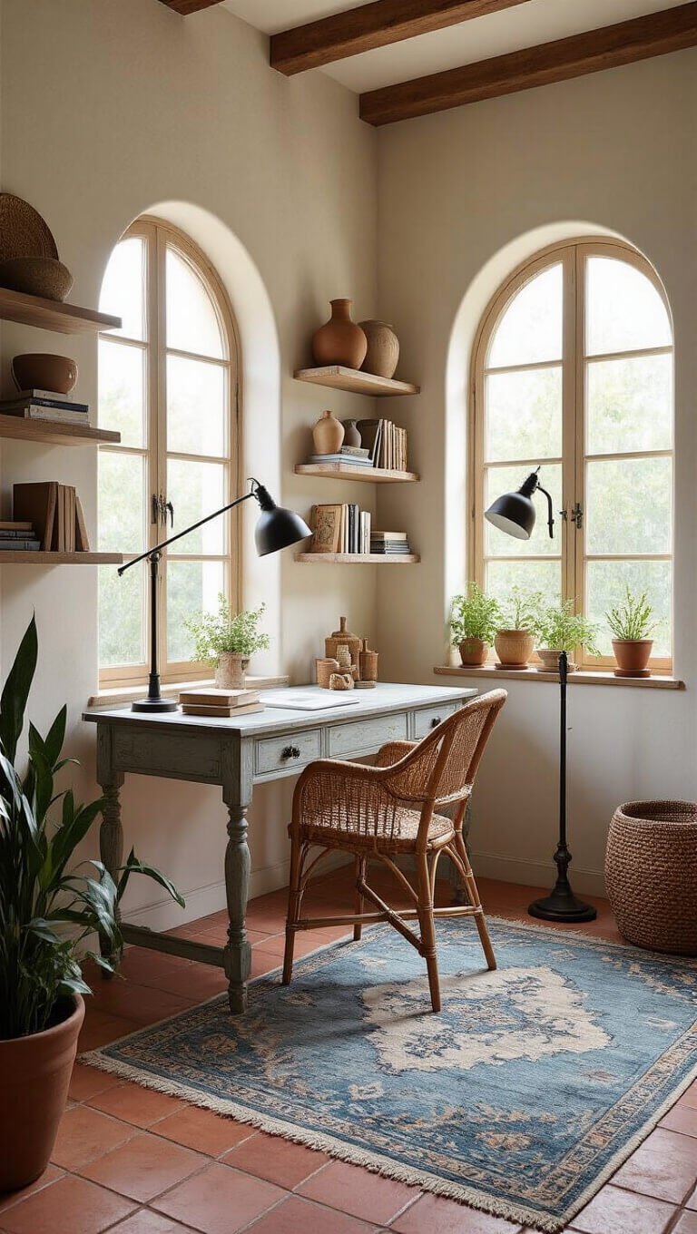 Cozy home office nook with distressed wooden desk, rattan chair, arched windows, and morning light highlighting books, ceramics, and textured decor.