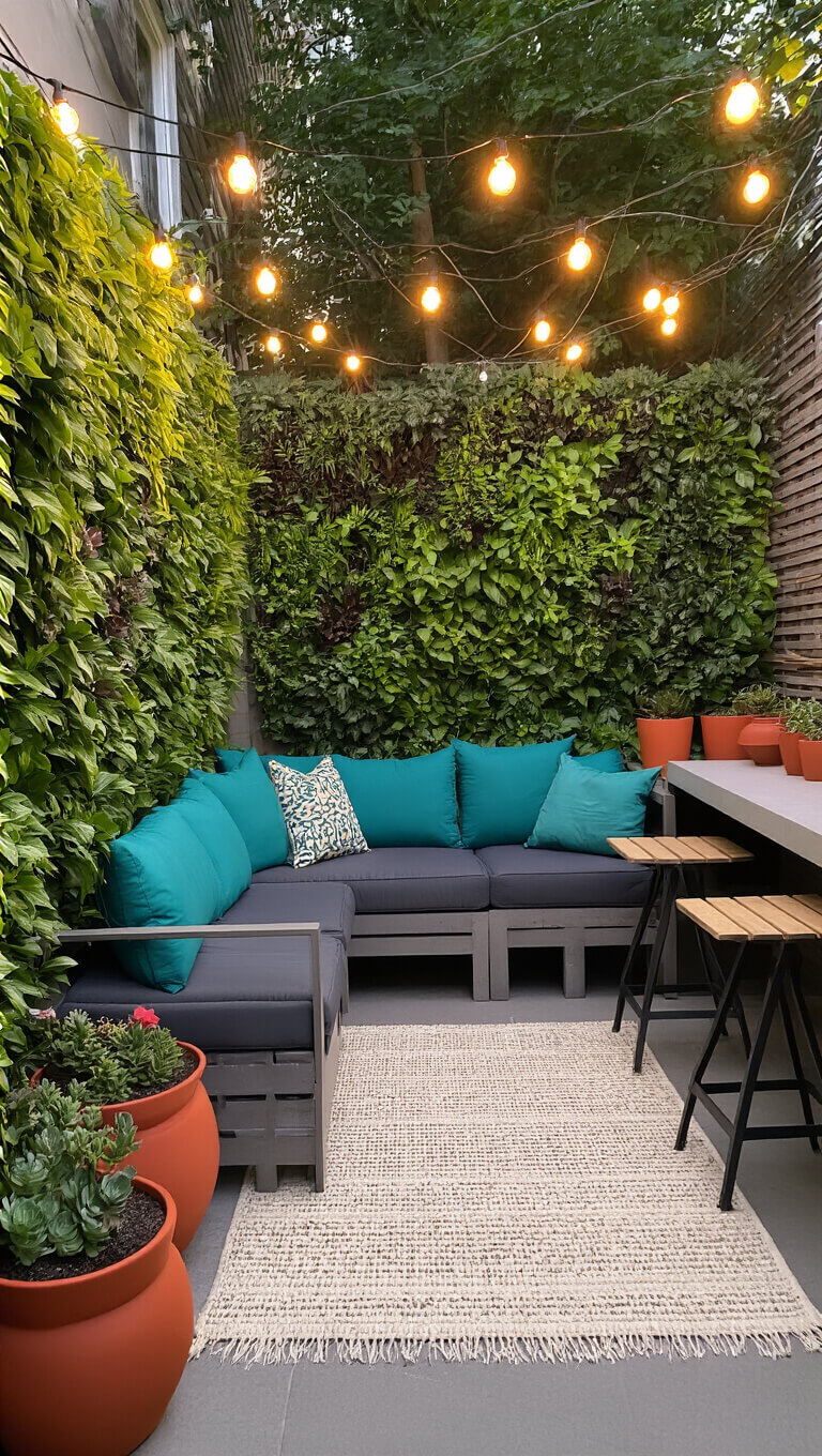 Urban backyard at golden hour with vertical garden, modular gray sofa with teal cushions, bar-height table with stools, string lights, terracotta planters, and cream-gray rug.