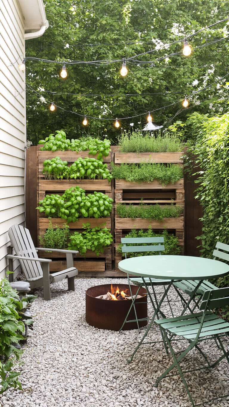 Vertical herb garden made from wooden pallet with basil, thyme, and mint above a sage green metal bistro set; gravel path leads to fire pit with Adirondack chairs, string lights and climbing jasmine in background.