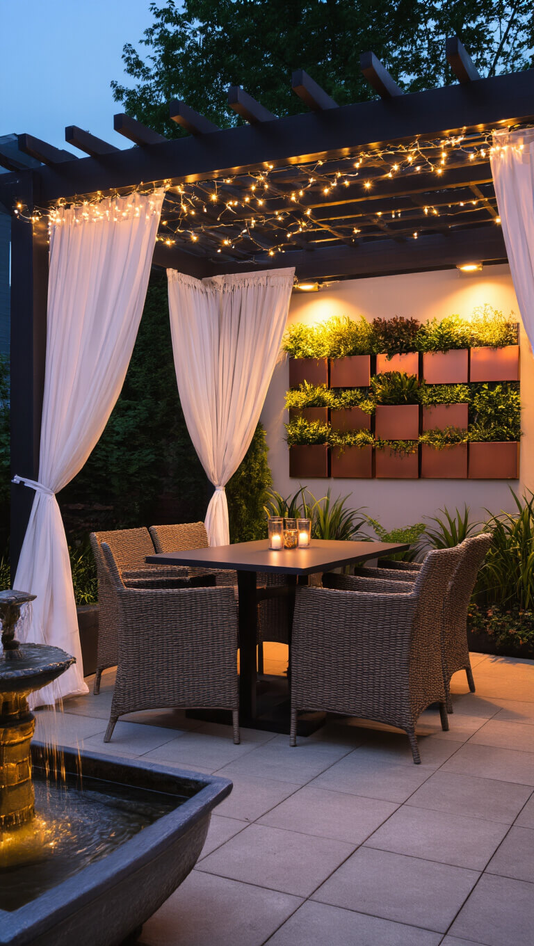 Twilight view of cozy urban patio with fold-down table, rattan chairs, sheer-curtained pergola with fairy lights, tiered fountain, and succulent wall in copper planters.
