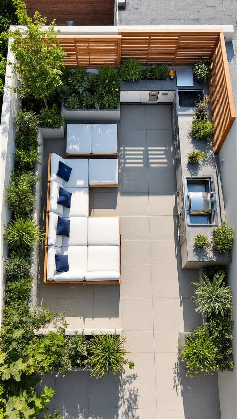 Overhead view of modern 9x11 ft rooftop garden with white modular lounger, green and silver drought-tolerant plants, compact outdoor kitchen, and wooden privacy screen.