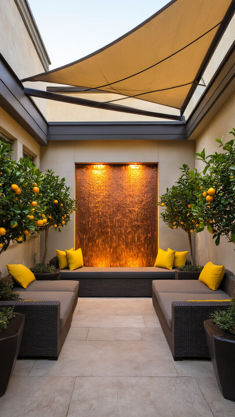 Late afternoon courtyard with copper-detailed water wall, charcoal lounge seating with yellow pillows, citrus trees, and a retractable awning in warm golden light.