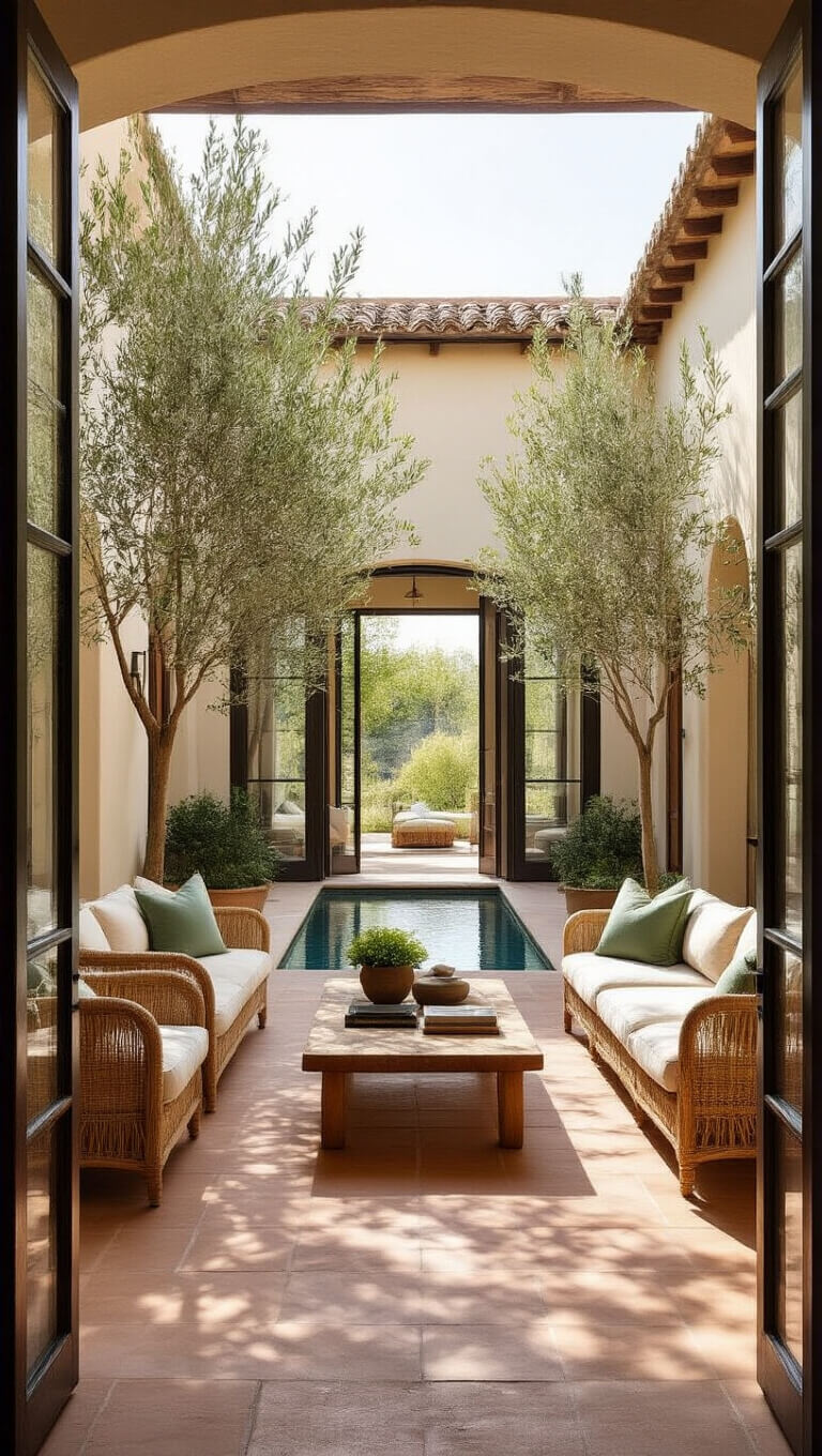Mediterranean-inspired living room with beige L-shaped sofa and rattan chairs facing a sunlit central courtyard, framed by olive trees and floor-to-ceiling glass doors.
