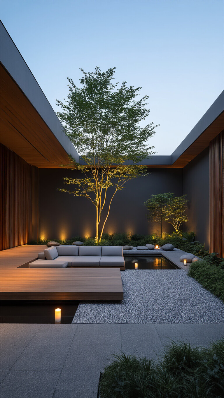 Modern Asian-inspired courtyard at dusk with sleek charcoal walls, wooden accents, a low gray modular sofa on a raised deck, raked gravel garden with river rocks, uplight maple tree, and reflecting pool with floating candles.