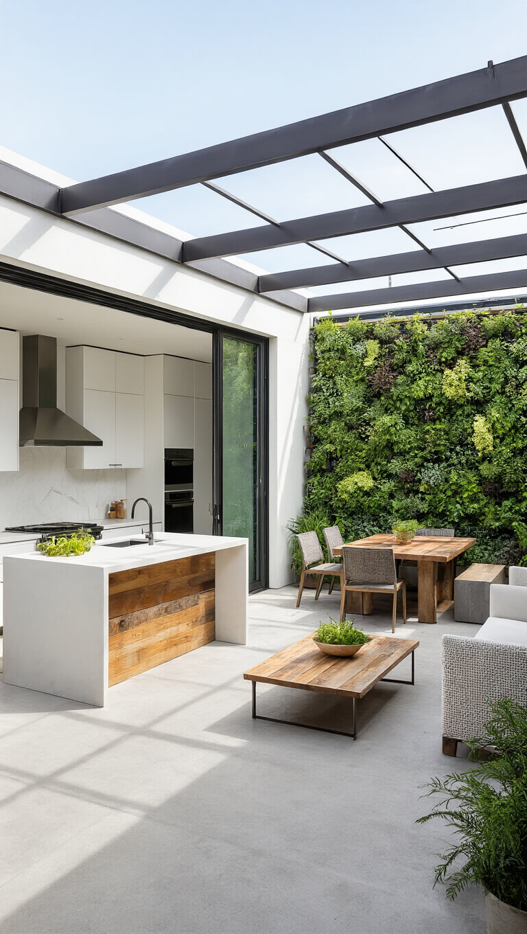 Sustainable courtyard house with open-plan kitchen and dining area connected to a garden courtyard through sliding glass doors; features concrete floors, white cabinetry, reclaimed wood island, vertical herb garden, and steel pergola over recycled outdoor dining set.