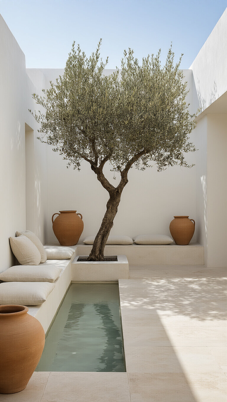 High-angle view of a minimalist Mediterranean courtyard with white stucco walls, a gnarled olive tree, limestone pavers, a concrete bench with linen cushions, terracotta pots, and sharp midday shadows.