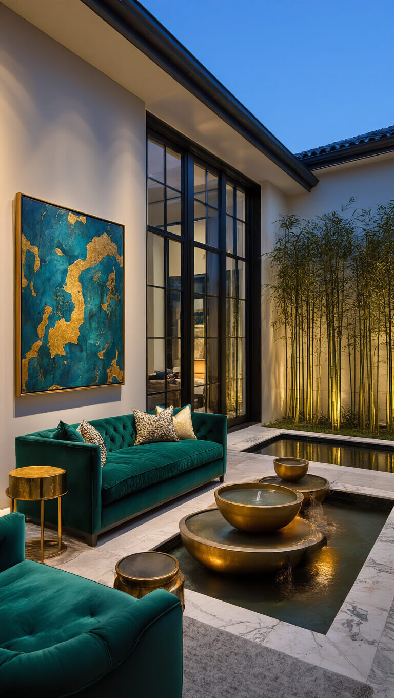 Elegant modern courtyard living room at twilight with emerald velvet sofa, abstract blue and gold painting, brass and marble accents, and view of copper water feature and bamboo in illuminated courtyard.