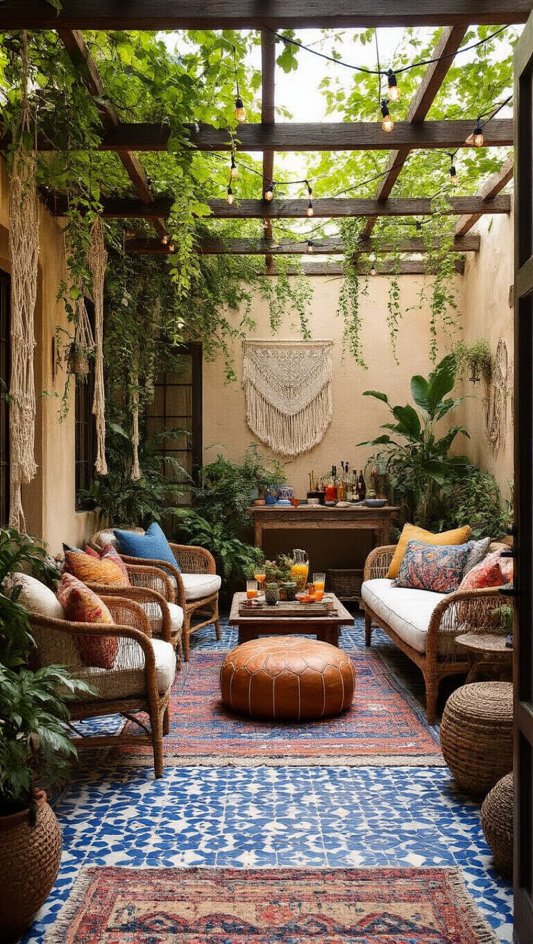 Bohemian courtyard oasis at golden hour with Moroccan tiles, vintage seating, macramé plants, and warm string lights.