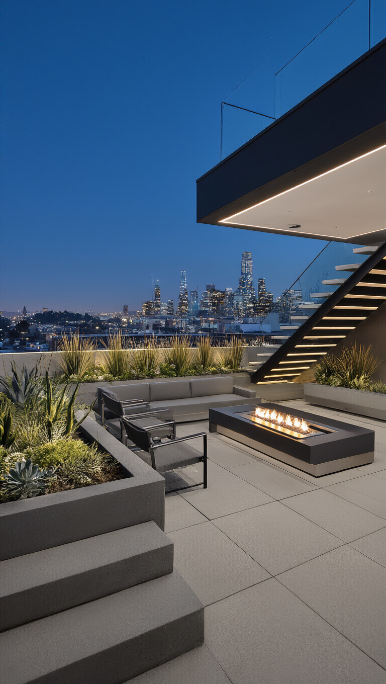 Modern rooftop terrace at night with sleek furniture, glowing LED lighting, and panoramic city skyline in long exposure.