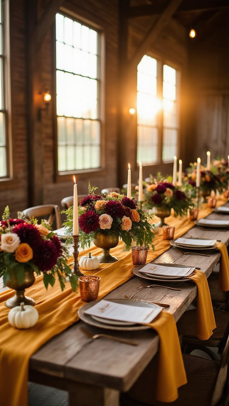 Rustic barn reception hall at golden hour with long wooden tables, burgundy and orange floral centerpieces, candlelight, and autumn decor in soft focus.