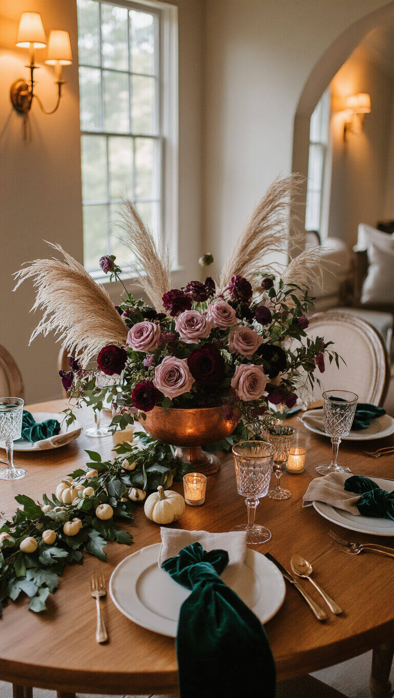 Warmly lit dining room at dusk with a round farmhouse table set for eight, featuring mauve and burgundy floral centerpiece, forest green velvet-tied napkins, vintage crystal glasses, and oak leaf and gourd garland.