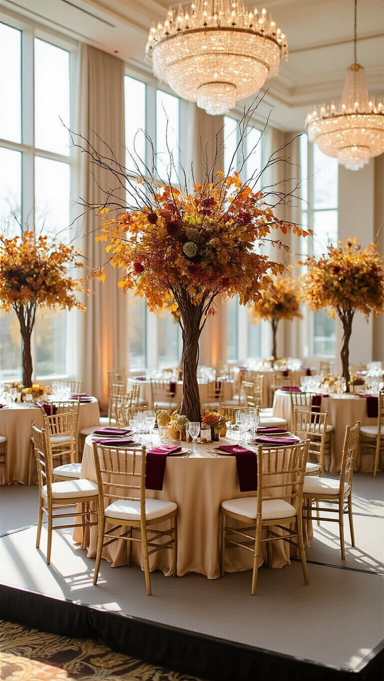 Wide-angle view of an elegant hotel ballroom with champagne-covered round tables, autumn branch centerpieces, burgundy menus, and natural light streaming through tall windows.