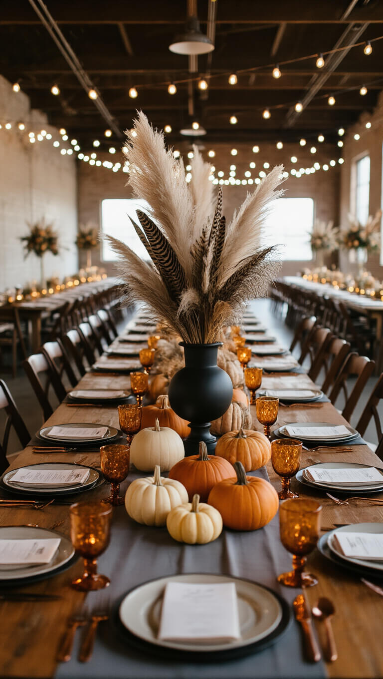 A twilight view of a decorated warehouse with string lights overhead, featuring banquet tables adorned with pampas grass, pheasant feathers, heirloom pumpkins, copper chargers, and amber votives on slate gray runners.