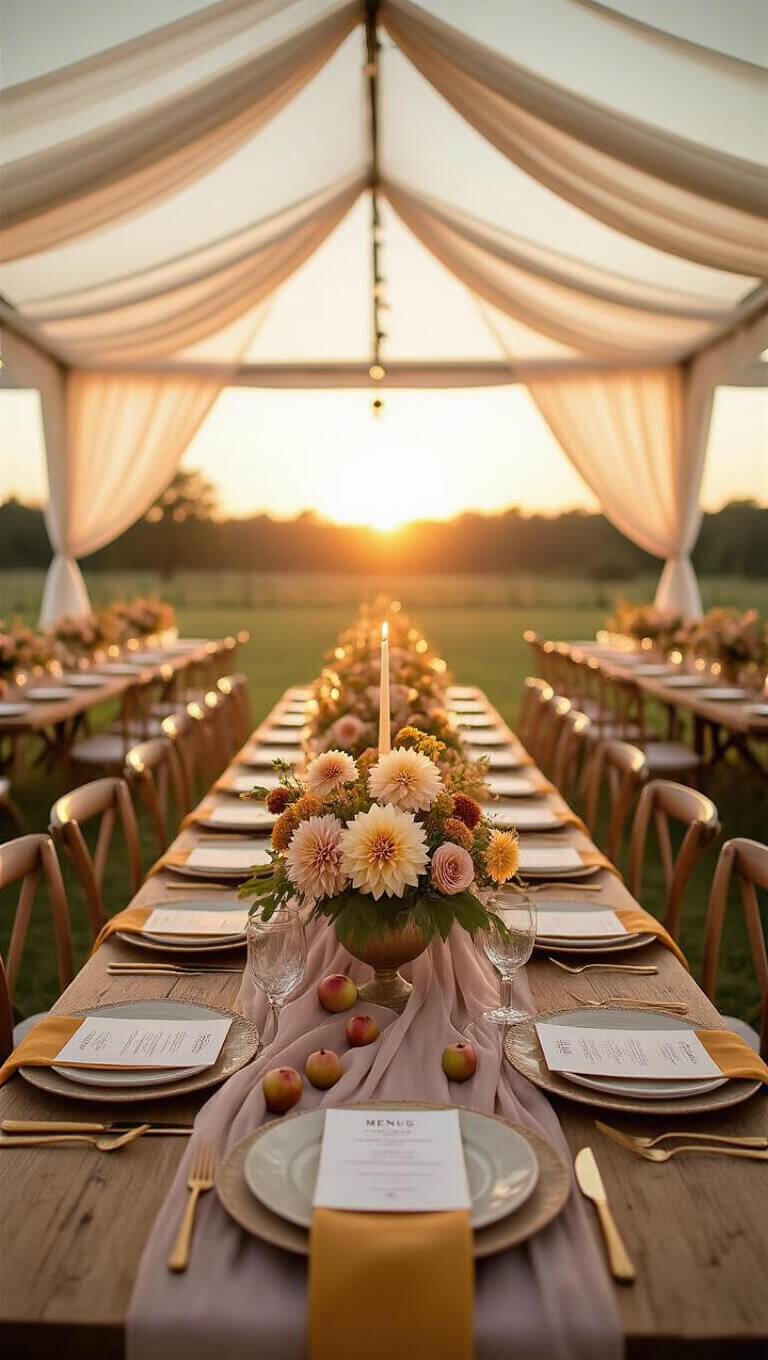 Wide-angle view of an outdoor tent at sunset with ivory drapes, rustic farm tables set with mauve runners, floral centerpieces, brass candleholders, and seasonal fruits in soft golden light.
