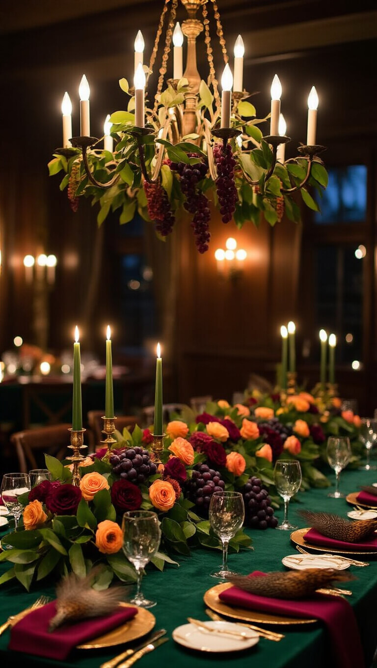 Close-up of an opulent dining table centerpiece with magnolia leaves, burgundy roses, orange ranunculus, and grapes, surrounded by vintage brass candlesticks and green taper candles on a forest green velvet tablecloth.