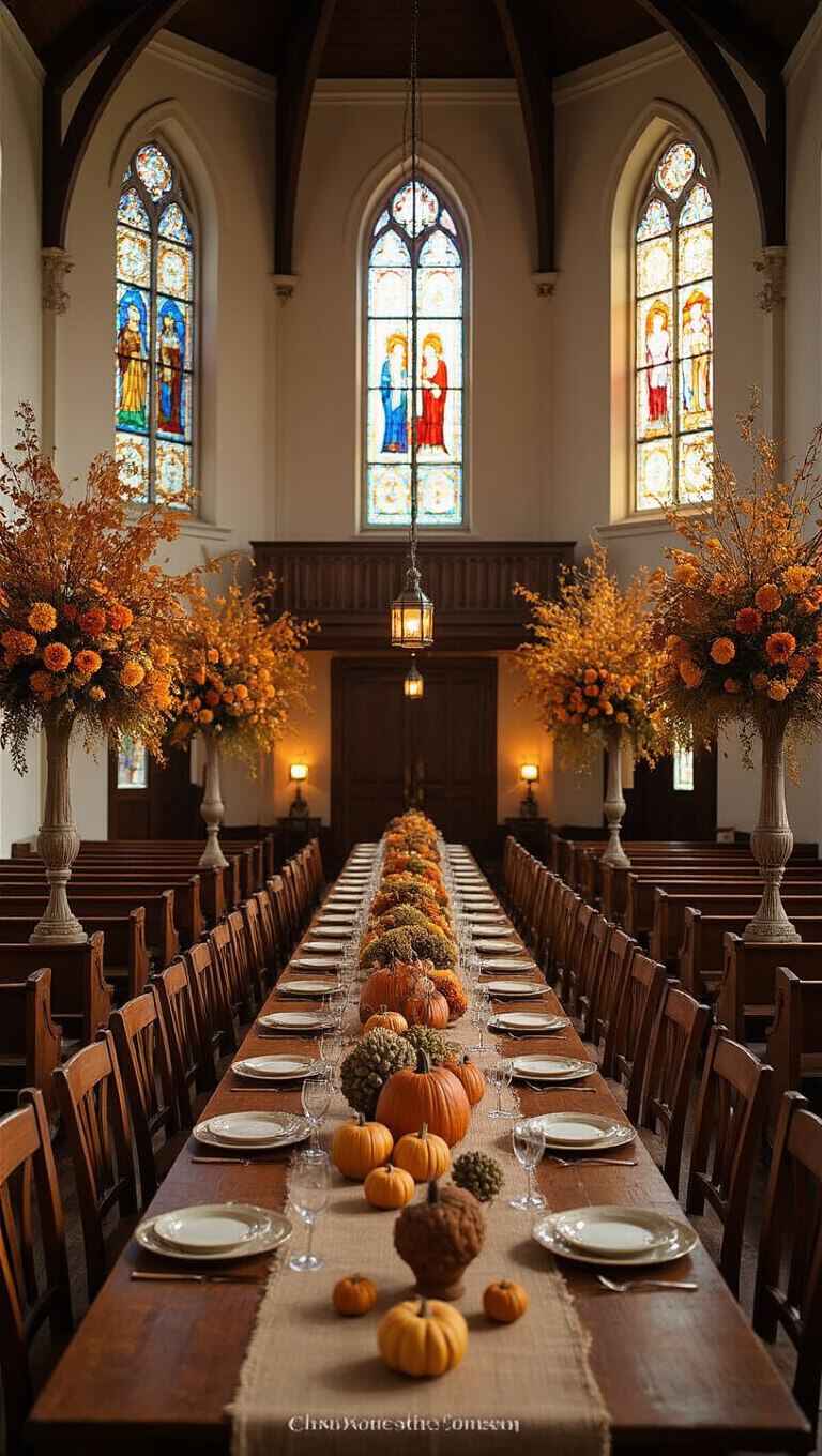 Wide-angle view of a repurposed church set for dining at dusk, with stained glass light illuminating long pew tables decorated with burlap runners, vintage china, and alternating tall and low autumn-themed centerpieces.