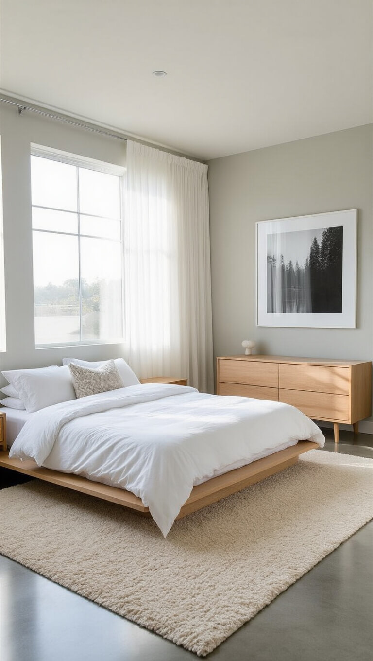 Minimalist bedroom with platform bed, floating nightstands, large window, soft morning light, and neutral tones.