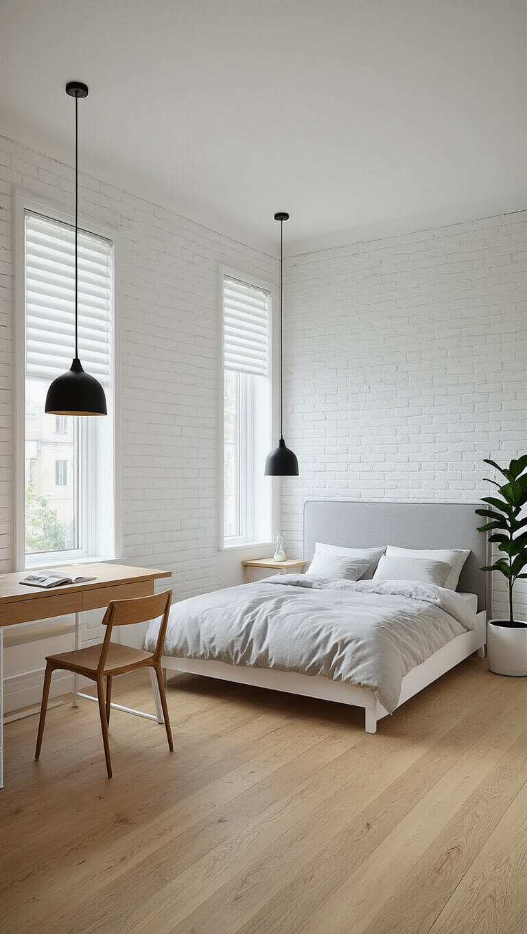 Minimalist Scandinavian bedroom with white brick walls, light hardwood floors, gray-upholstered bed, black pendant lights, wooden desk by a window, and a fiddle leaf fig plant.