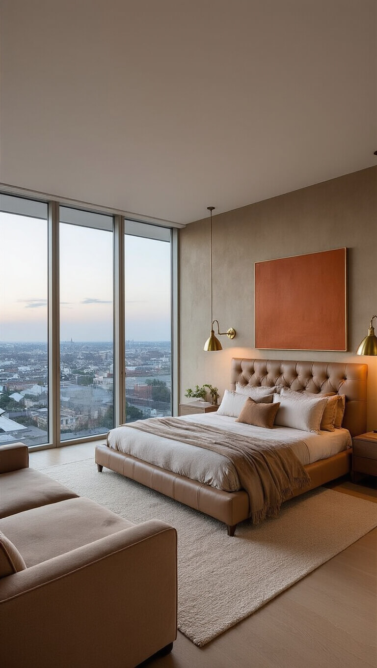 Luxurious minimalist bedroom with earth tones, king bed, mohair chaise, brass lamps, abstract art, and city view through floor-to-ceiling windows at dusk.