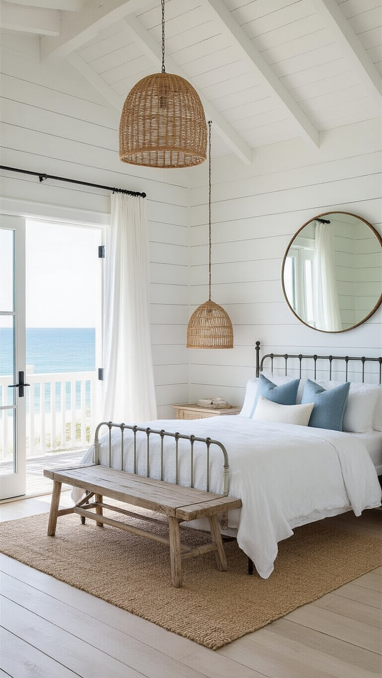 Coastal minimalist bedroom with white shiplap walls, iron bed, rattan lights, and open French doors to a balcony with ocean view.