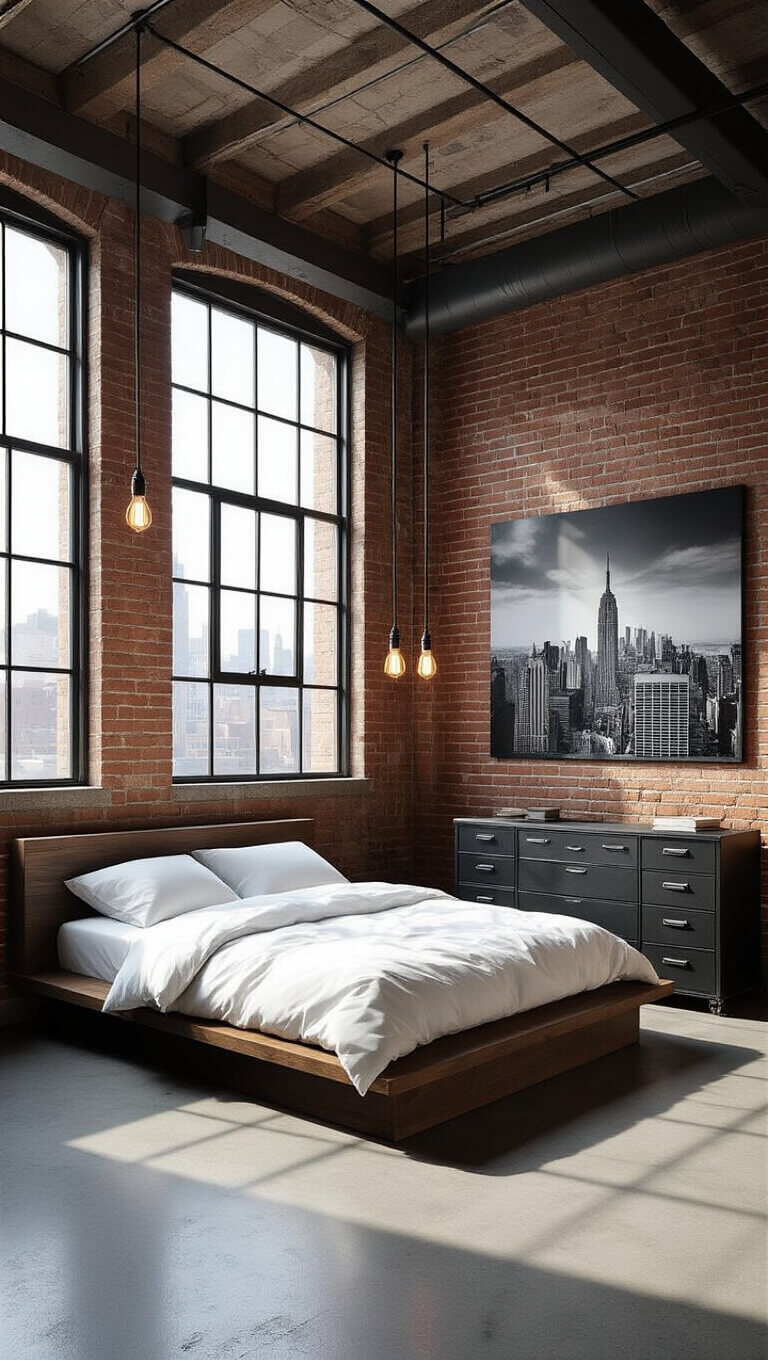 Minimalist urban loft bedroom with exposed brick, concrete floors, factory windows, platform bed, vintage metal nightstand, and Edison bulb lighting.