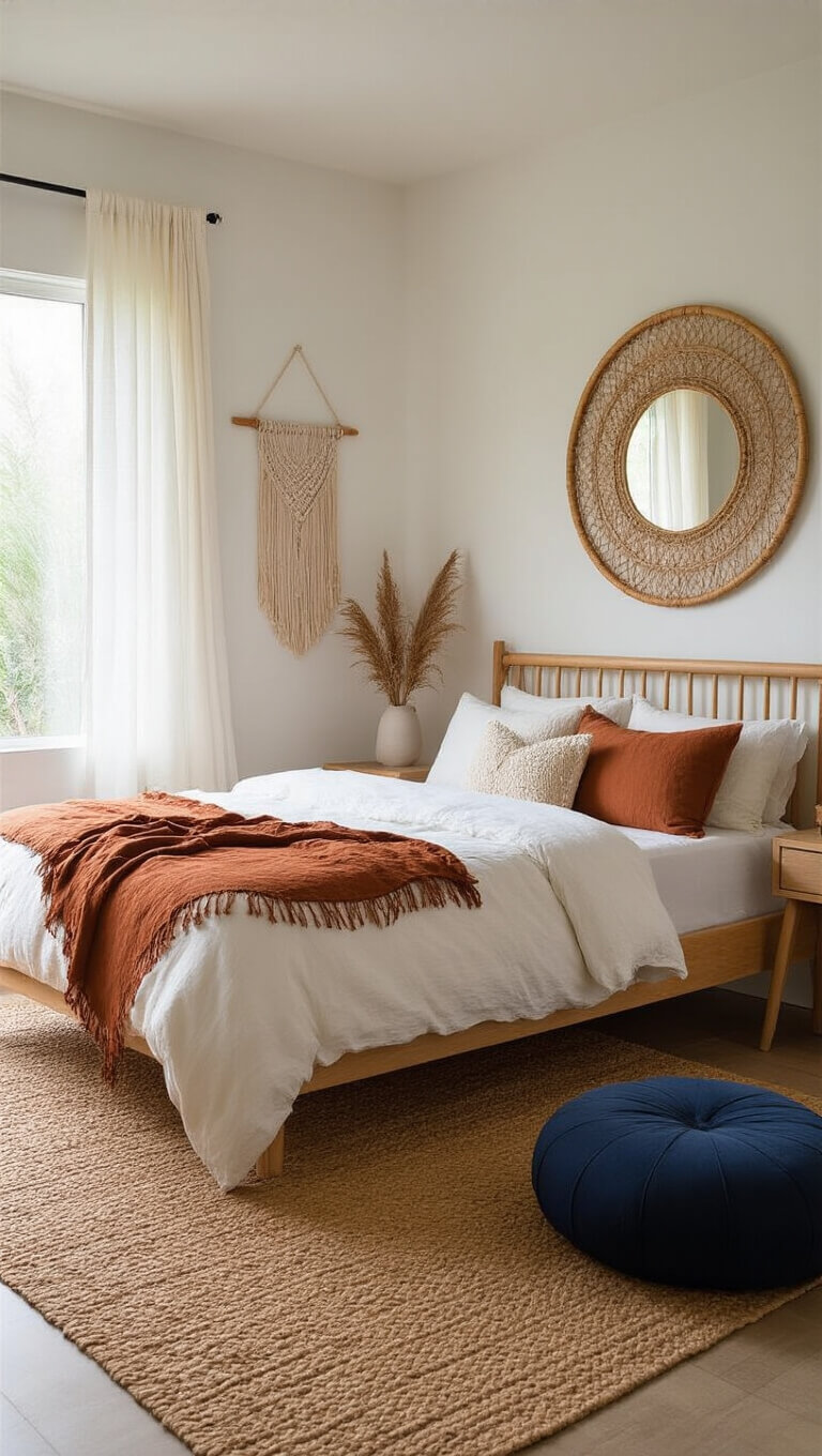 Minimalist bohemian bedroom with warm white walls, wooden bed, layered neutral linens, rust throw, macramé decor, oak desk under window, and indigo floor cushion in golden hour light.