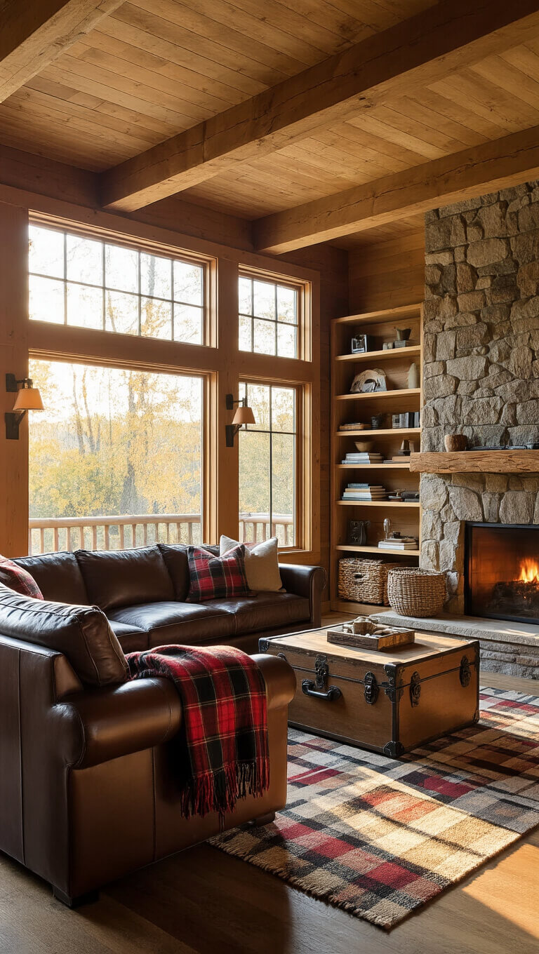 Cozy cabin living room with leather L-shaped sofa, stone fireplace, plaid throw, vintage trunk coffee table, and warm golden hour light streaming through a large window.