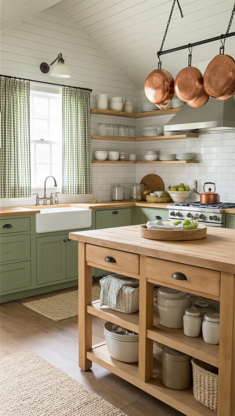 Compact cabin kitchen with sage green cabinets, butcher block island, and morning light through gingham curtains.