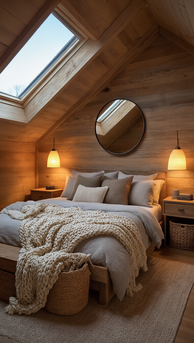 Cozy cabin loft bedroom at dusk with king bed, chunky knit blanket, warm lamp glow, skylight moonlight, and rustic decor.