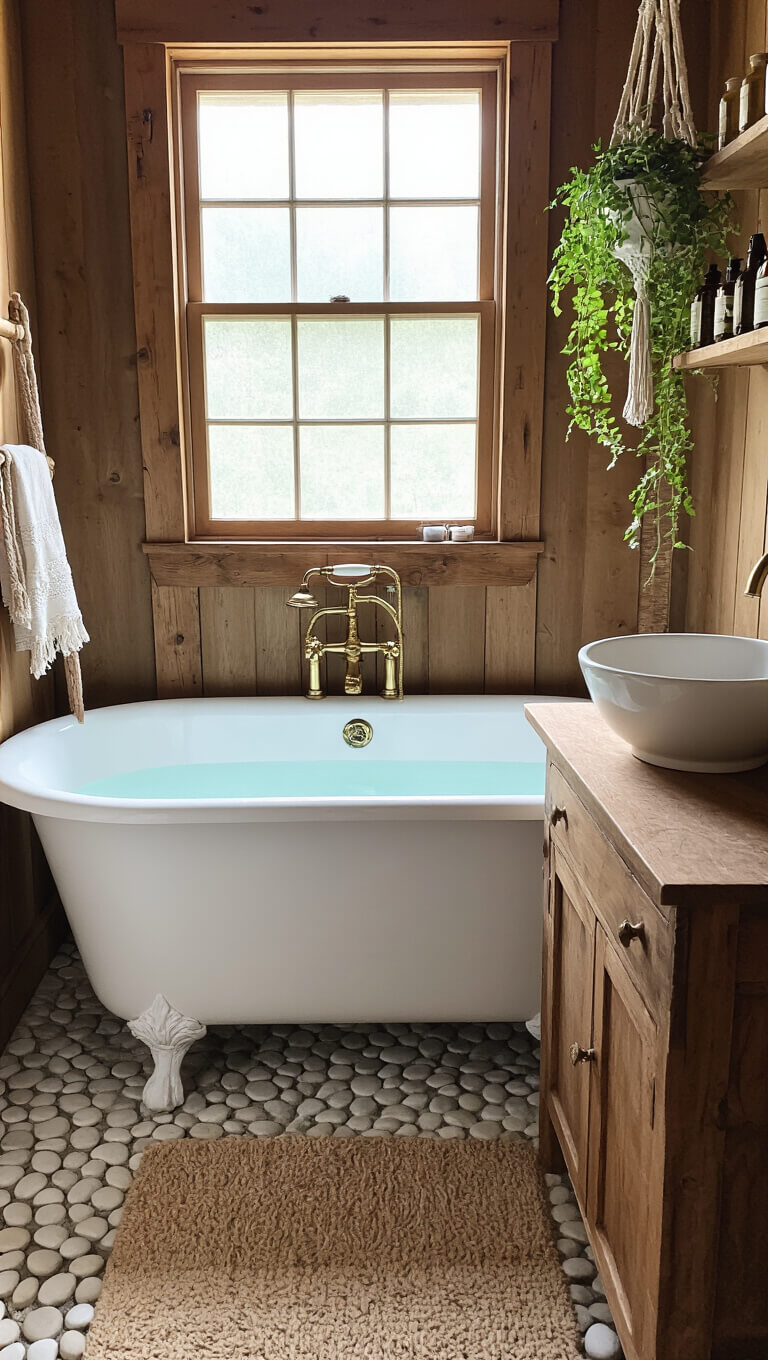 Rustic cabin bathroom with claw foot tub, vessel sink on wooden vanity, pebble tile floor, macramé plant hanger, ladder towel rack, and vintage apothecary bottles, bathed in bright natural midday light.