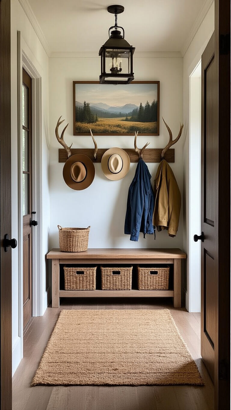 Rustic cabin entryway with antler hooks, built-in bench, console table with baskets, landscape print, jute rug, and vintage lantern light in bright morning light.