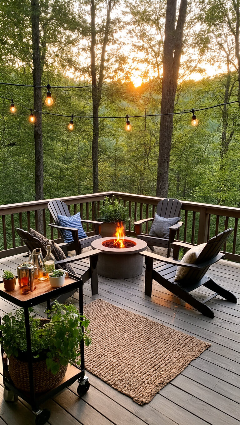Outdoor cabin deck at golden hour with Adirondack chairs around a fire pit, string lights overhead, potted herbs on railing, woven rug, and bar cart, overlooking a forest.