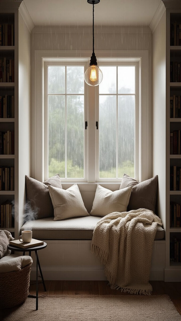Cozy cabin reading nook with plush window seat, soft pillows, warm throw blanket, steaming mug on side table, surrounded by bookshelves on a rainy afternoon.