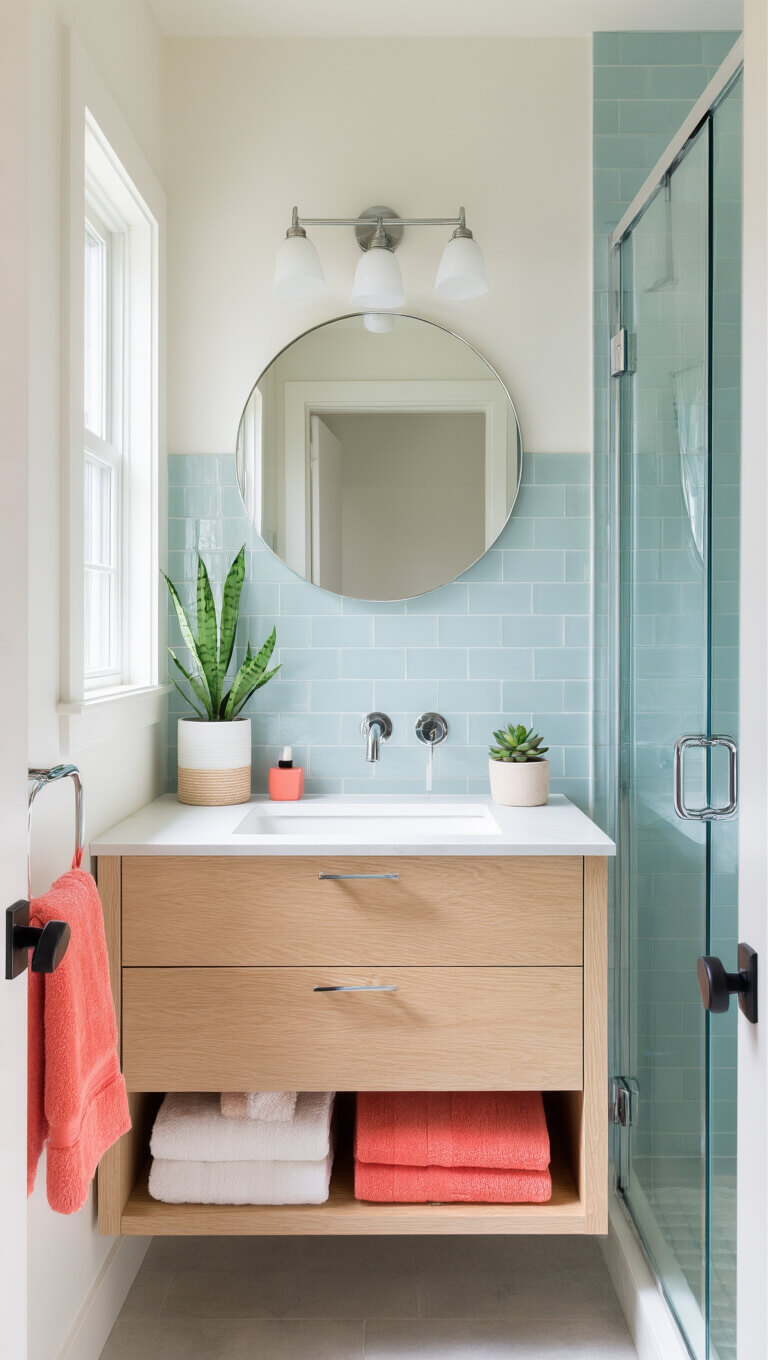 Compact 6x8 ft bathroom with light oak floating vanity, circular mirror, pale blue subway tiles, glass shower enclosure, and coral accents, viewed from a high corner in soft morning light.