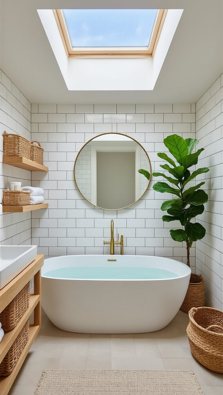 Bright, white 5x7 ft bathroom with skylight, freestanding oval tub, brass faucet, floating oak shelves, round mirror, wall-mounted sink, fiddle leaf fig, and woven baskets.