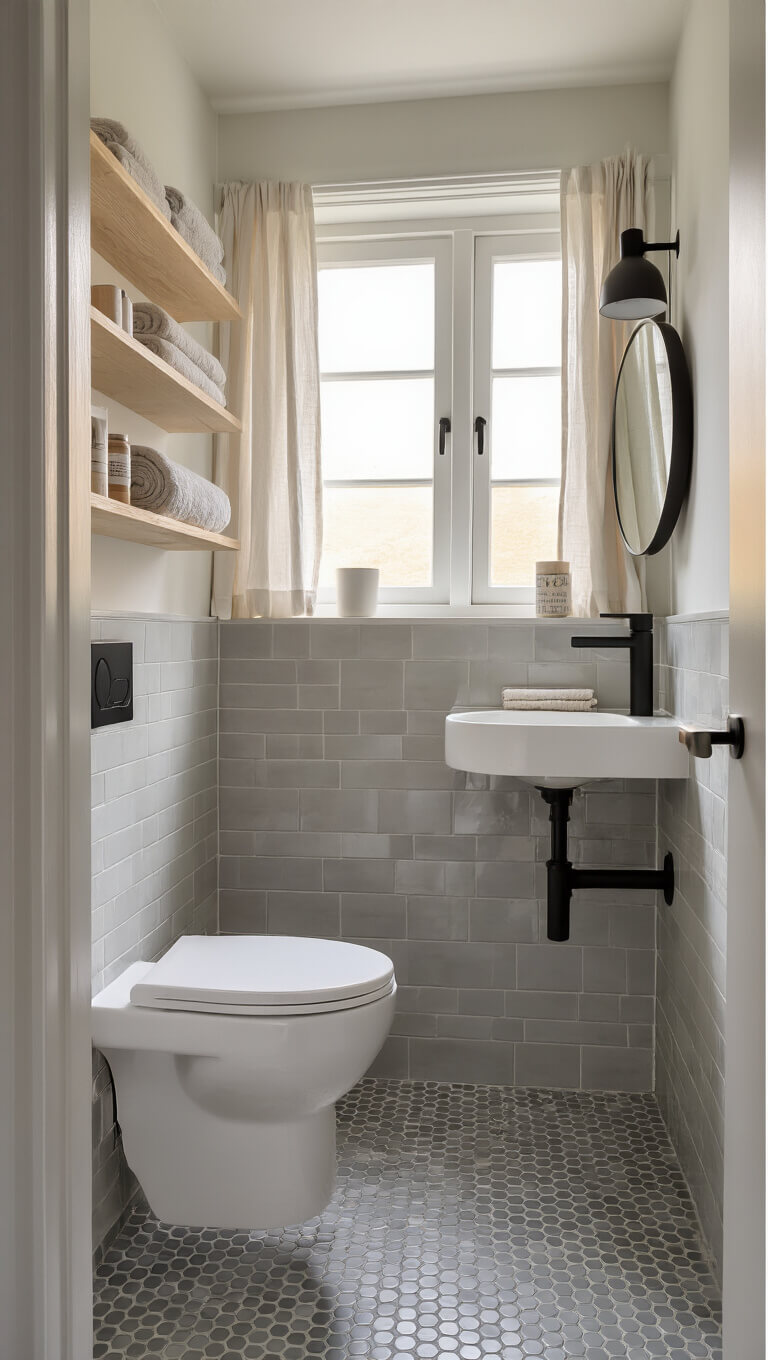 Scandinavian-style 5x5 ft bathroom with warm gray penny tile, floating birch shelves, wall-hung toilet, pedestal sink, round mirror, and matte black fixtures in soft morning light.