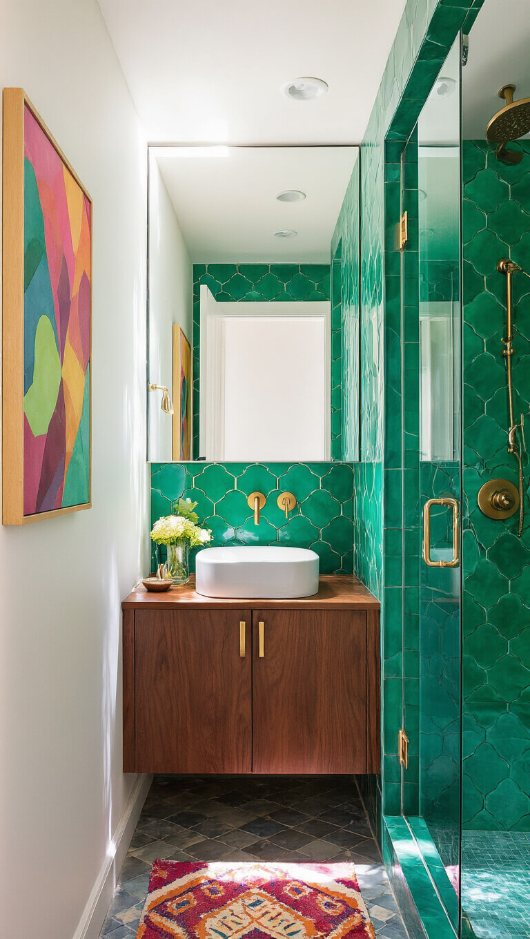 Eclectic 6x6 ft bathroom with emerald green geometric accent wall, warm white walls, walnut vanity, brass fixtures, glass shower, and colorful decor in bright afternoon light.