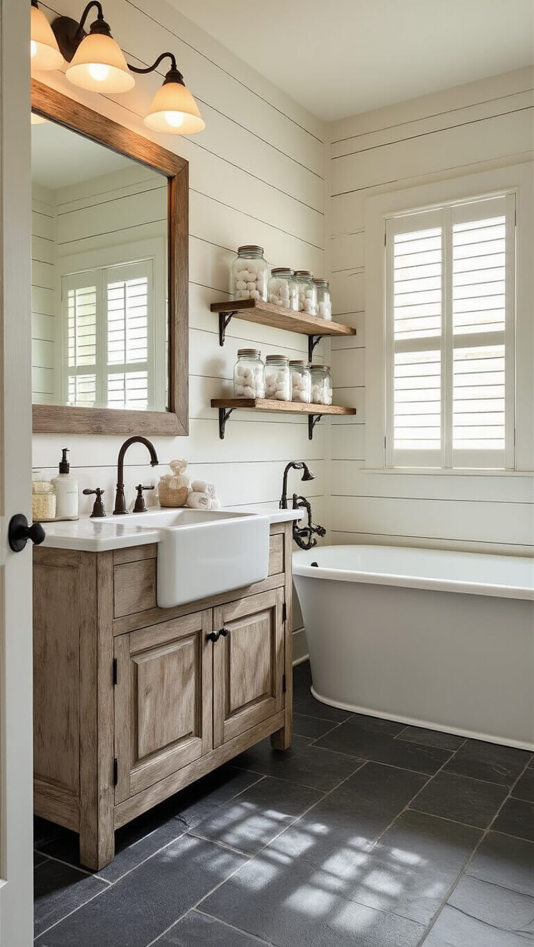 Modern farmhouse 5x8 bathroom with shiplap walls, clawfoot tub, distressed wood vanity, and soft dusk lighting.
