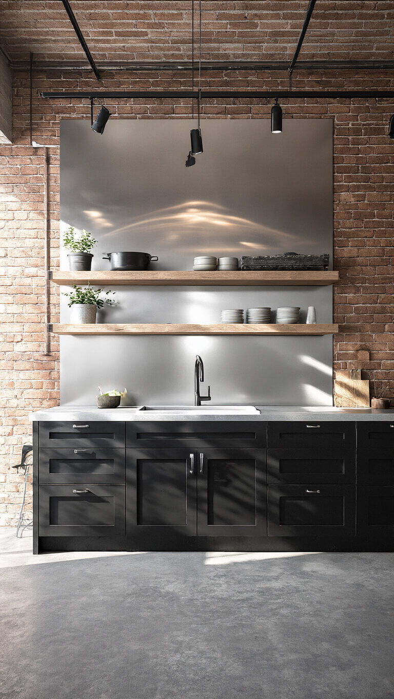 Industrial-style kitchen with exposed brick walls, concrete countertops, black matte cabinets, stainless steel backsplash, farmhouse sink under a window, open shelving, and track lighting on high ceilings.
