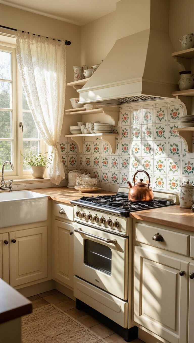 Bird's eye view of a cozy cottage kitchen with cream cabinets, floral tile backsplash, vintage stove, lace-curtained window, open shelves with mismatched china, and a copper kettle.