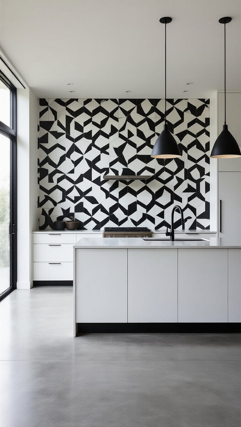 Minimalist kitchen with black and white hexagonal tile backsplash, white handleless cabinets, central island, matte black fixtures, and concrete floor under daylight.