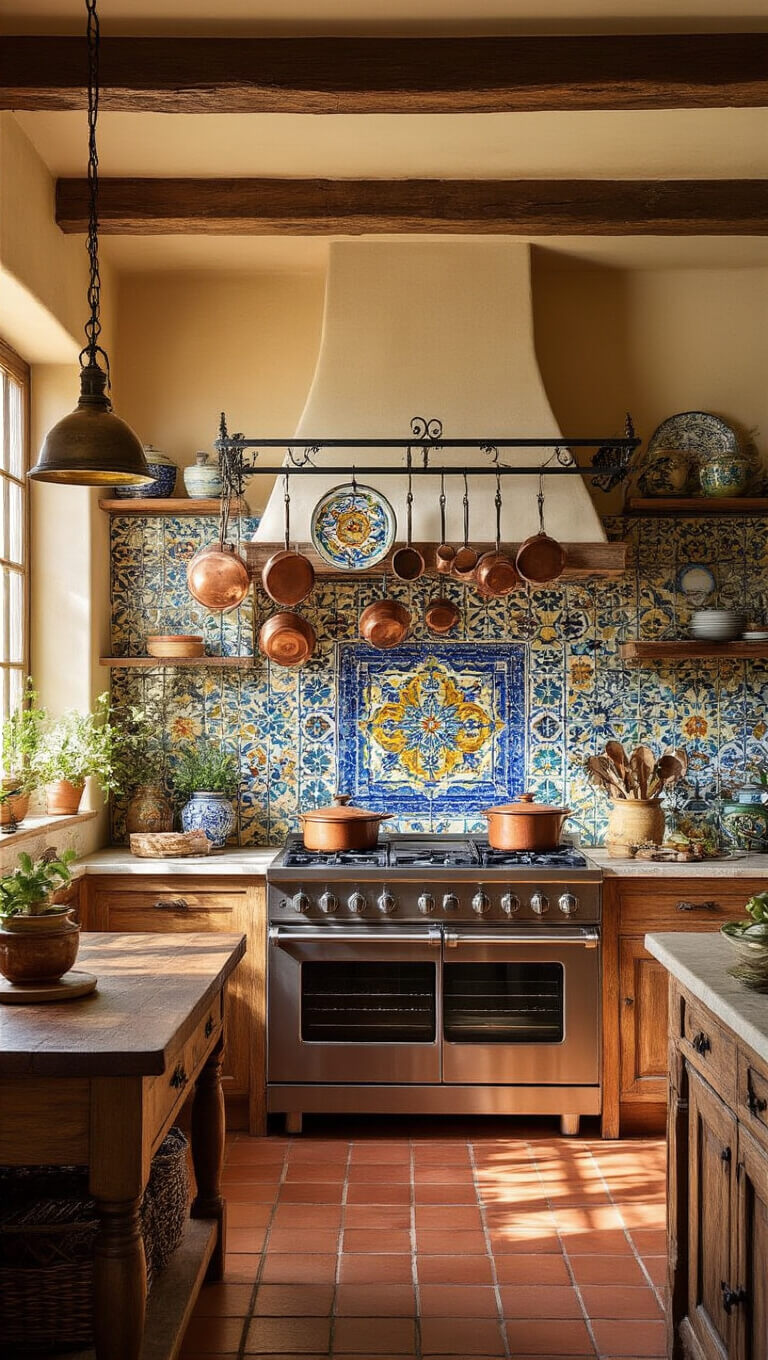 Mediterranean kitchen with mosaic tile backsplash, terracotta floors, wooden beams, and warm afternoon sunlight highlighting copper pots and colorful ceramics.