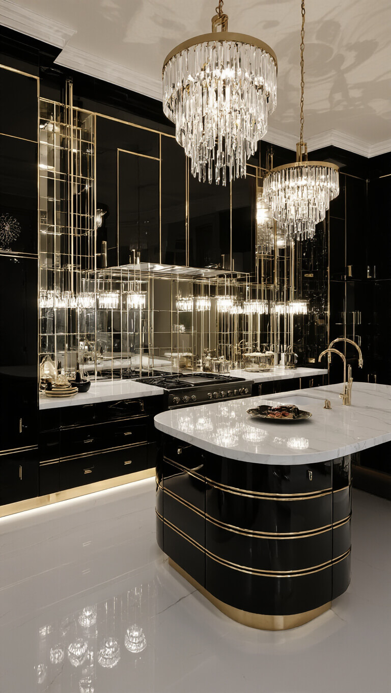 Art deco kitchen with black lacquer cabinets, gold hardware, mirrored backsplash reflecting crystal chandeliers, and a white marble island.