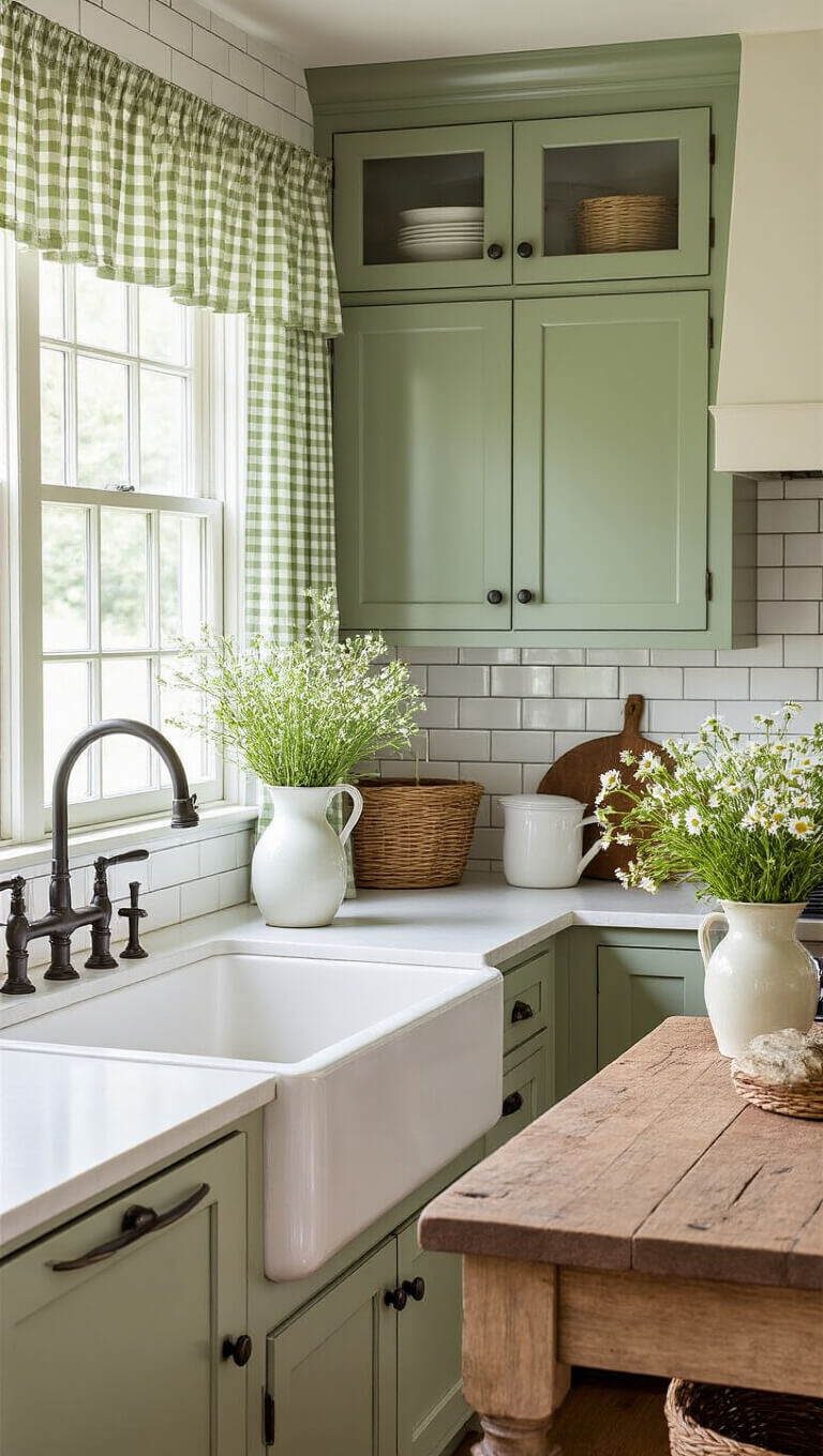 Farmhouse kitchen with sage green cabinets, white subway tile backsplash, apron-front sink, reclaimed wood island with wildflowers, and morning light streaming through gingham curtains.